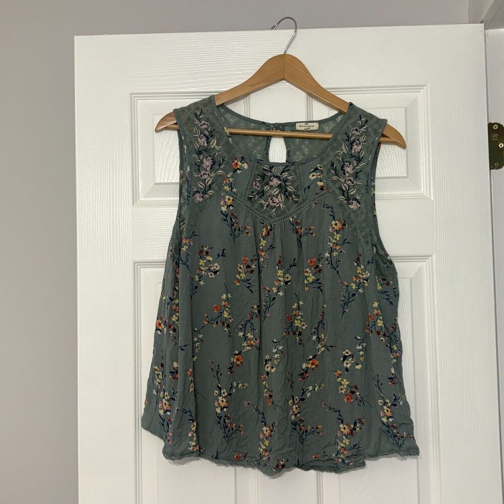 Mason & Belle Blouse Womens 2X Sage Green Lace Floral Babydoll Sleeveless Top